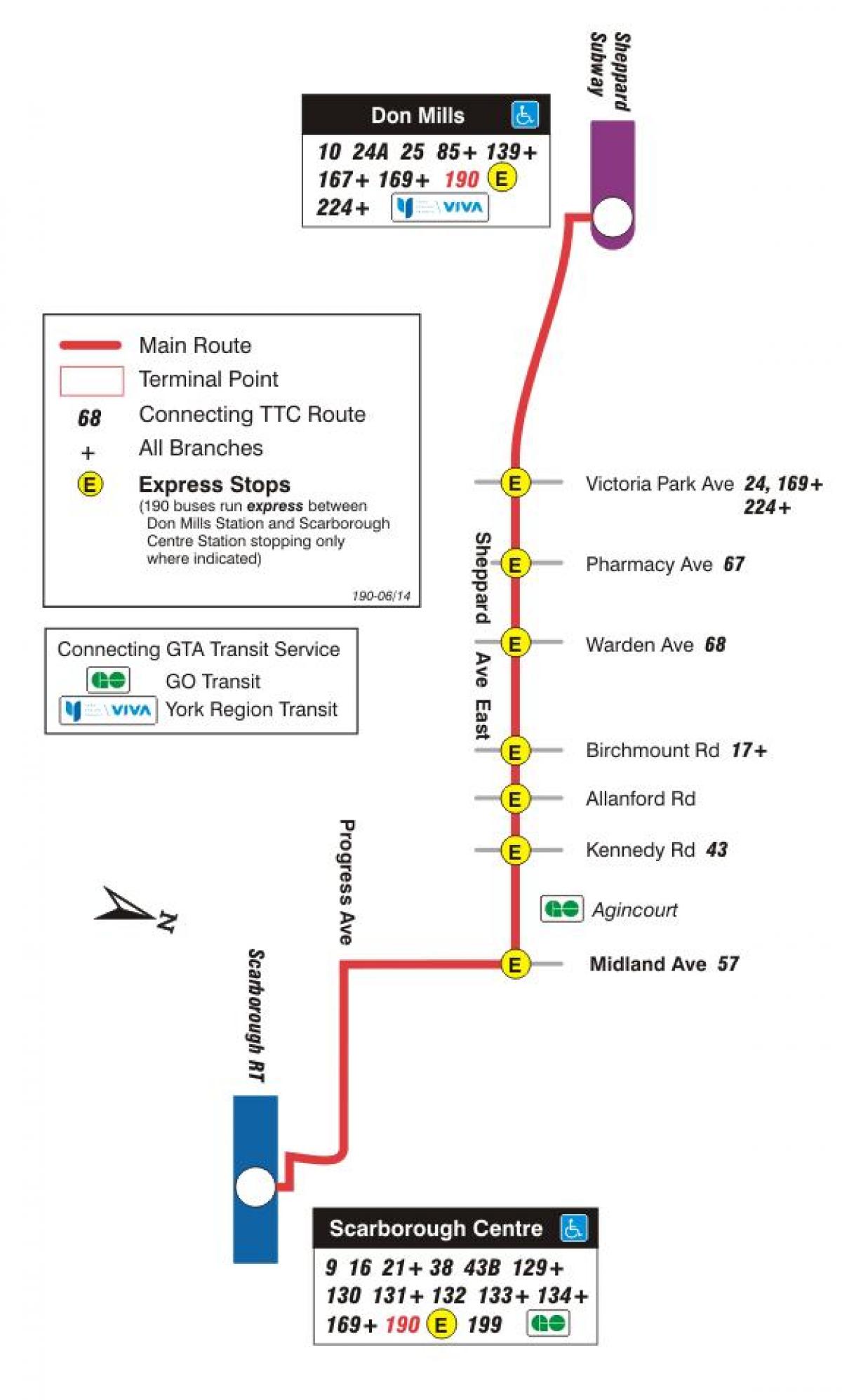 Mapa TTC 190 Scarborough Centre Raketa autobusová linka Toronto
