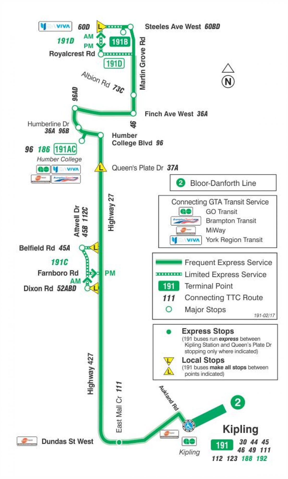 Mapa TTC 191 Highway 27 Raketa autobusová linka Toronto