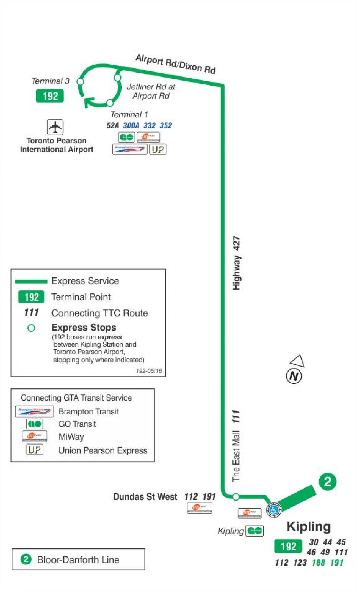 Mapa TTC 192 Letiště Raketa autobusová linka Toronto