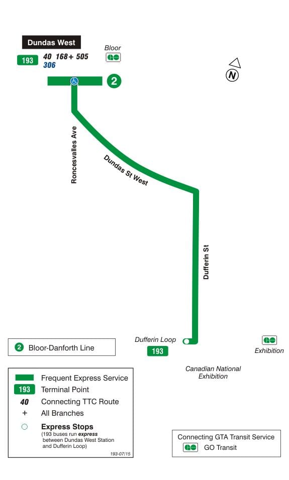 Mapa TTC 193 Výstava Raketa autobusová linka Toronto