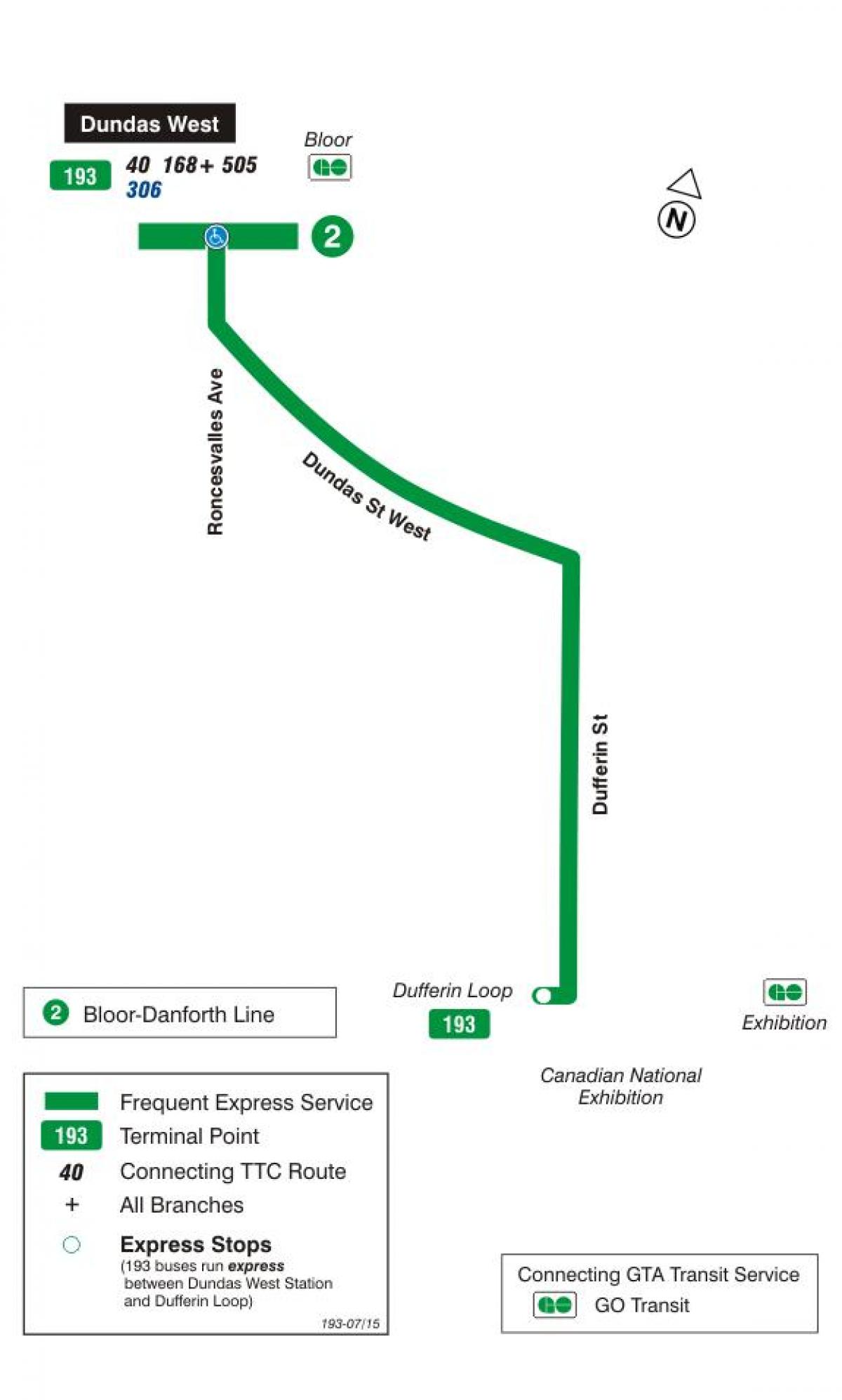 Mapa TTC 193 Výstava Raketa autobusová linka Toronto