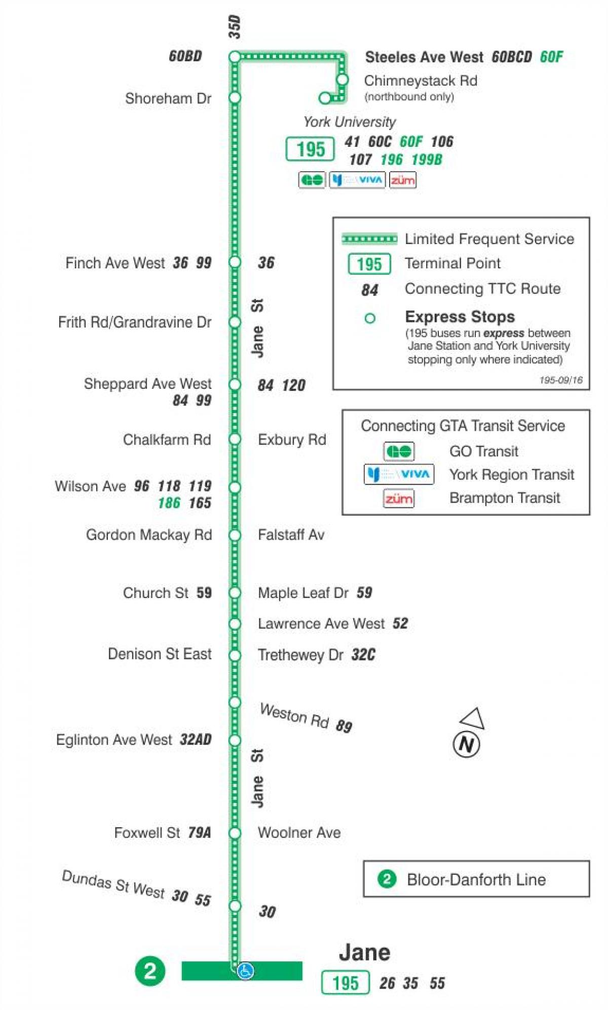 Mapa TTC 195 Jane Rocket autobusová linka Toronto