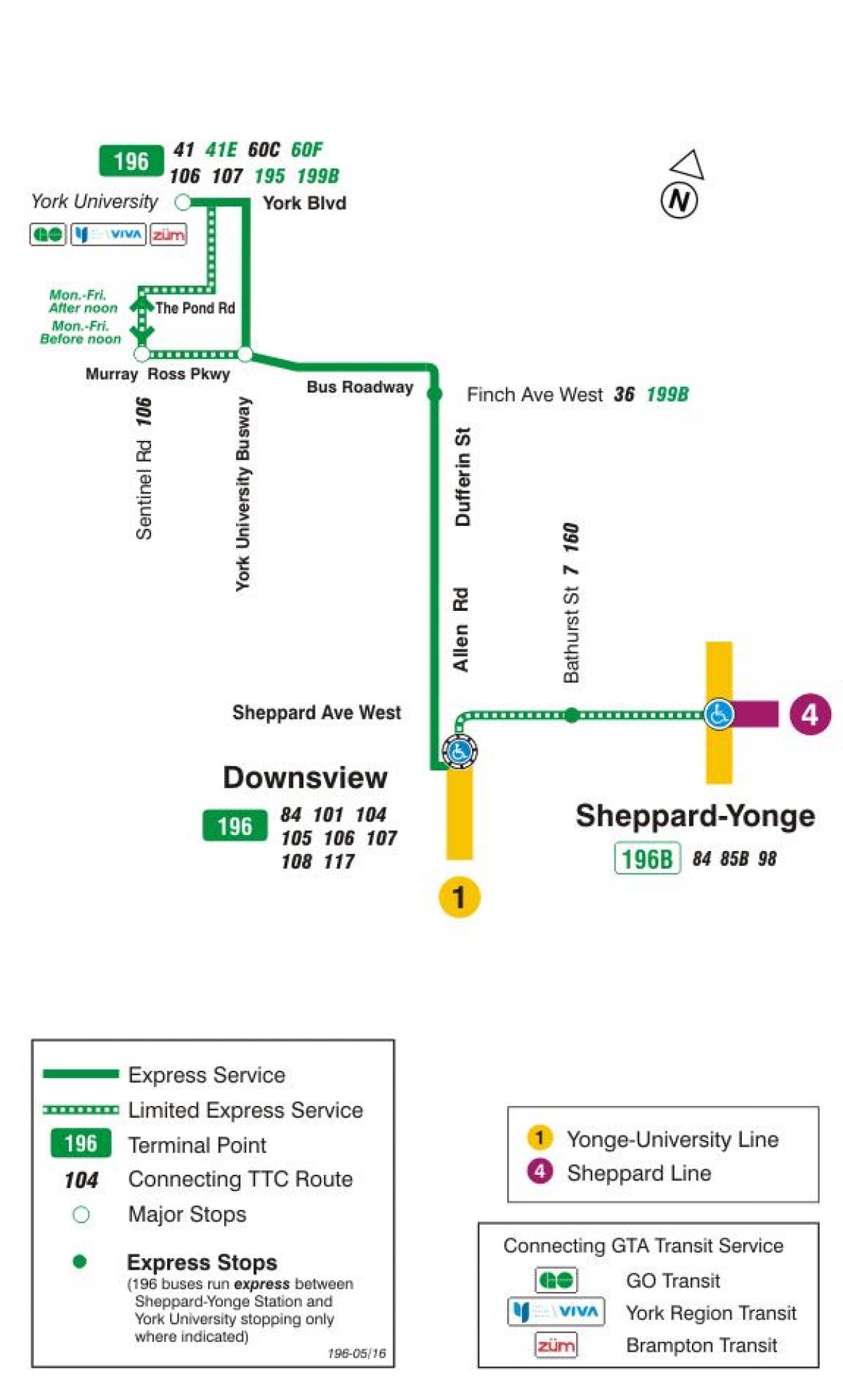 Mapa TTC 196 York University Raketa autobusová linka Toronto