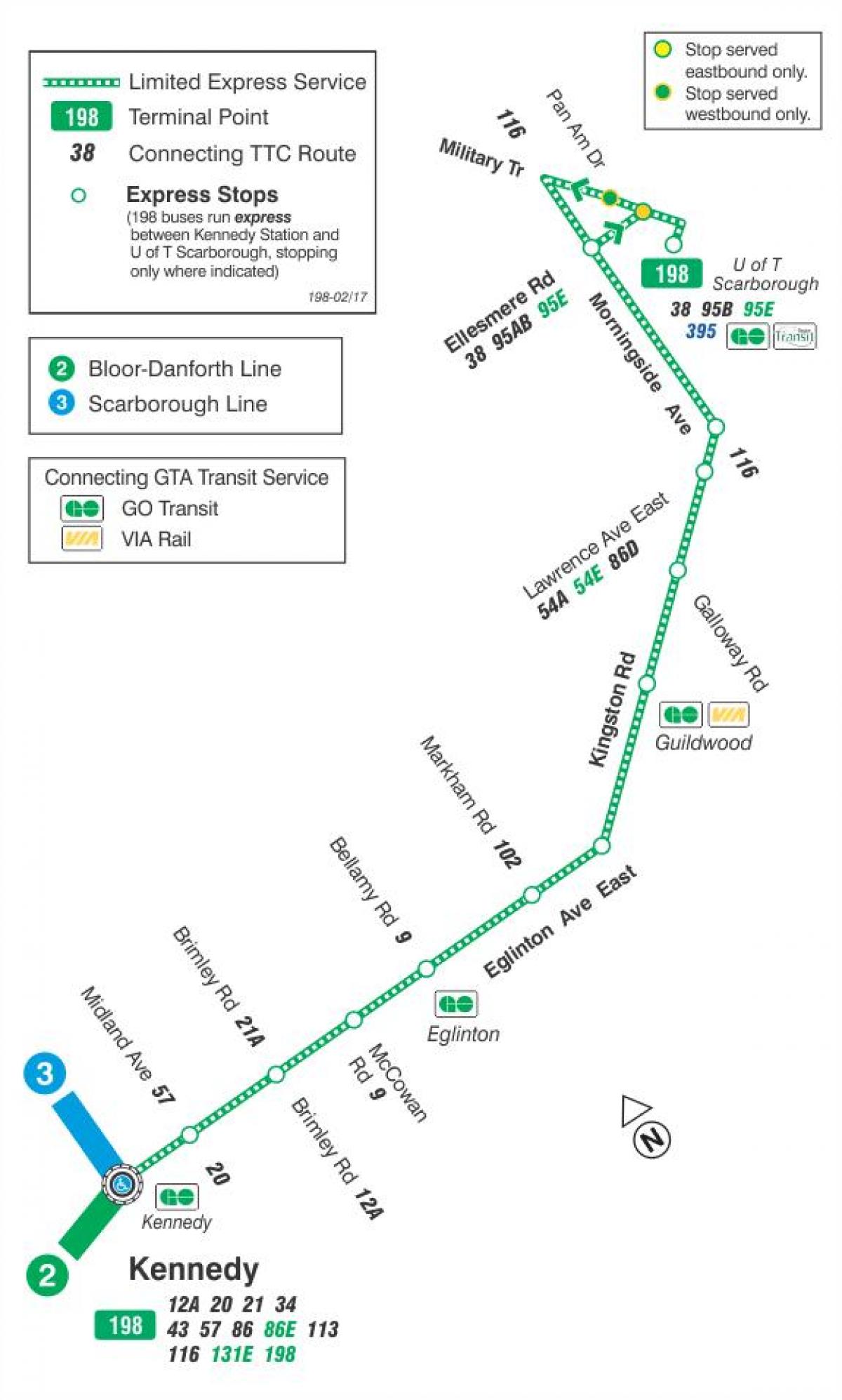 Mapa TTC 198 U T Scarborough Raketa autobusová linka Toronto