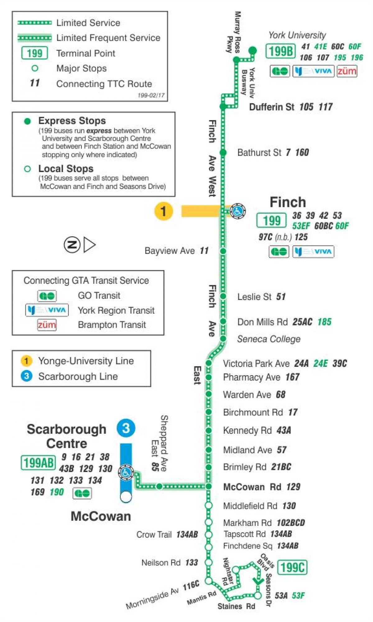Mapa TTC 199 Finch Raketa autobusová linka Toronto