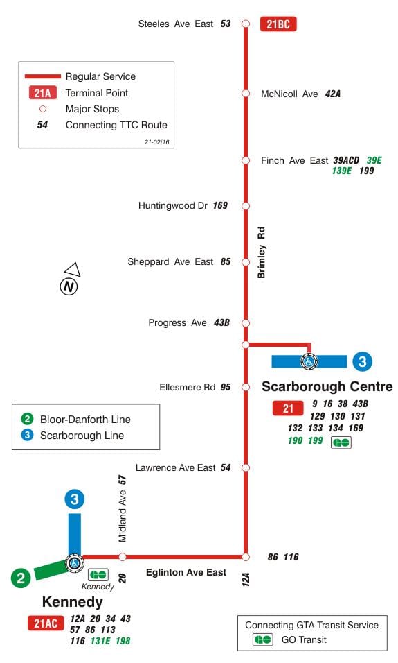 Mapa TTC 21 Brimley autobusová linka Toronto