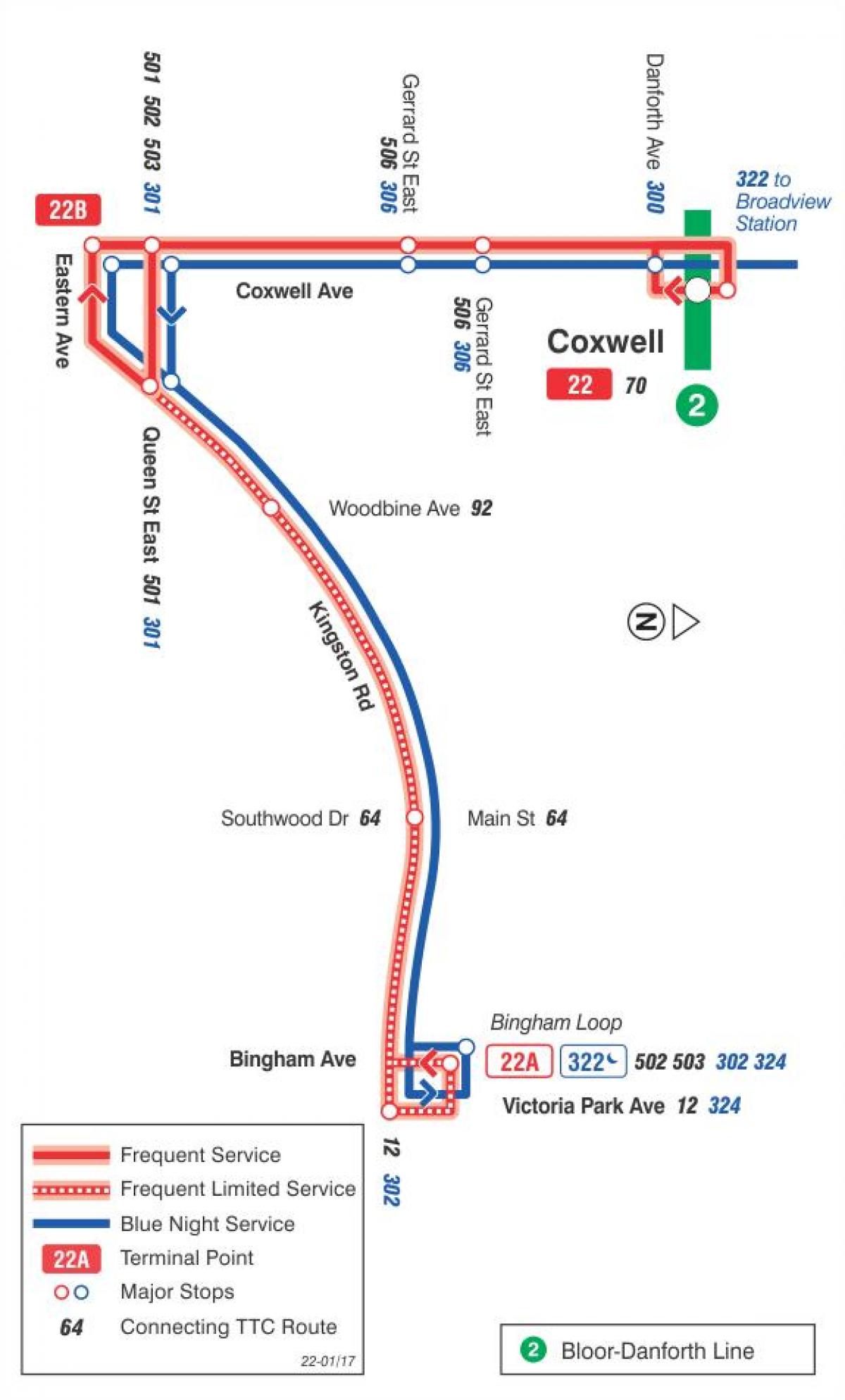 Mapa TTC 22 Coxwell autobusová linka Toronto