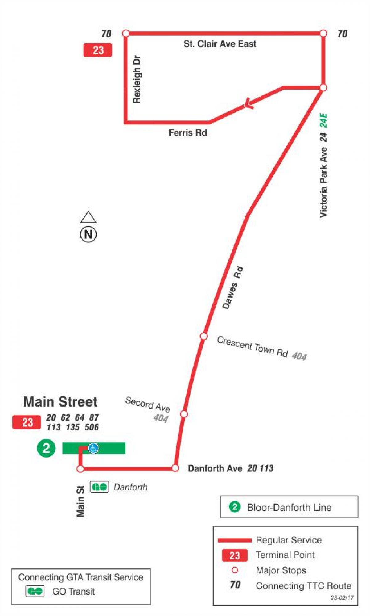 Mapa TTC 23 Dawes autobusová linka Toronto