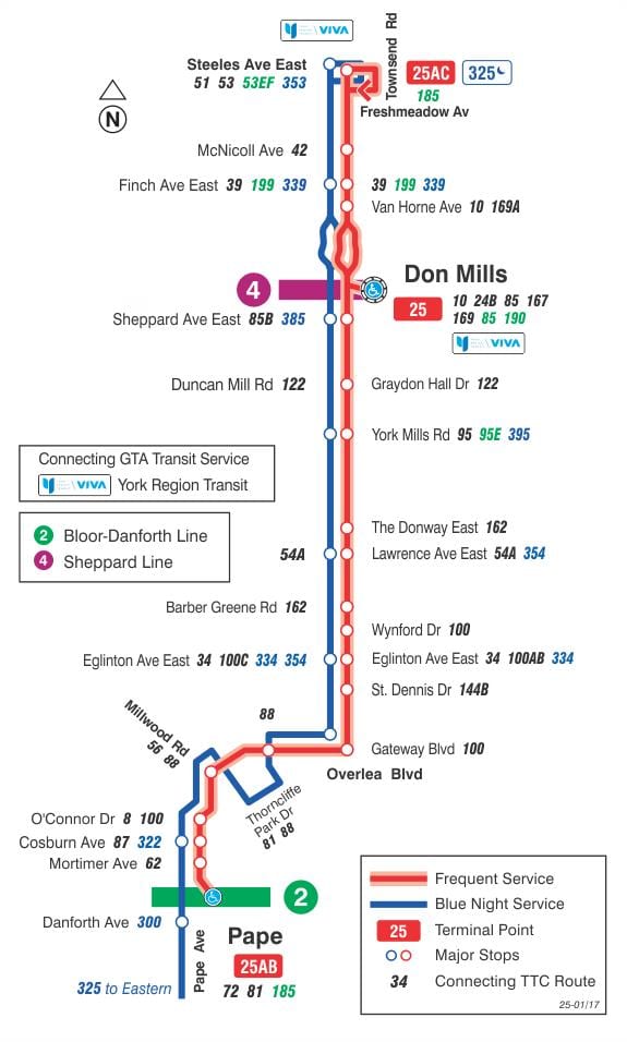 Mapa TTC 25 Don Mills autobusová linka Toronto