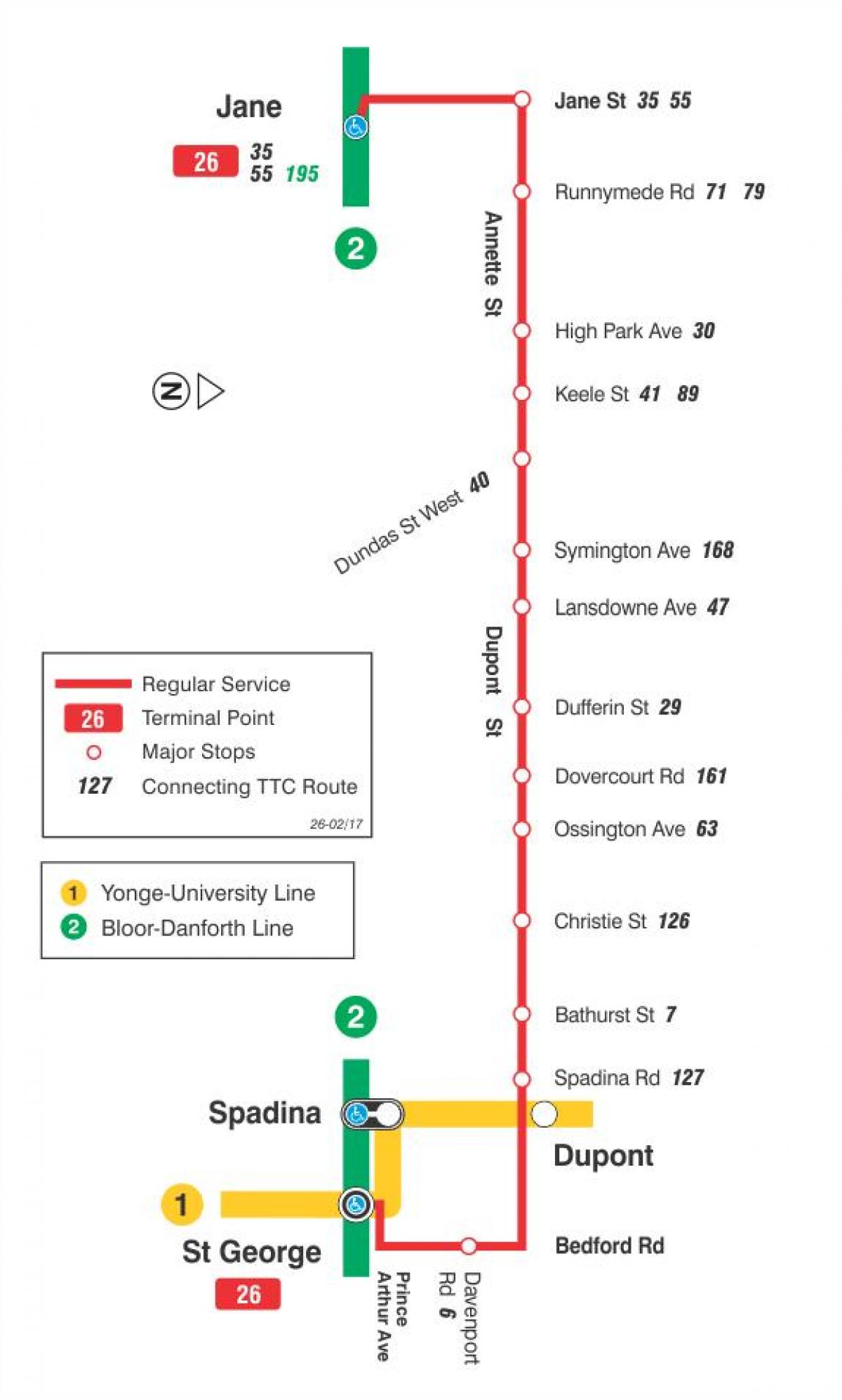 Mapa TTC 26 Dupont autobusová linka Toronto