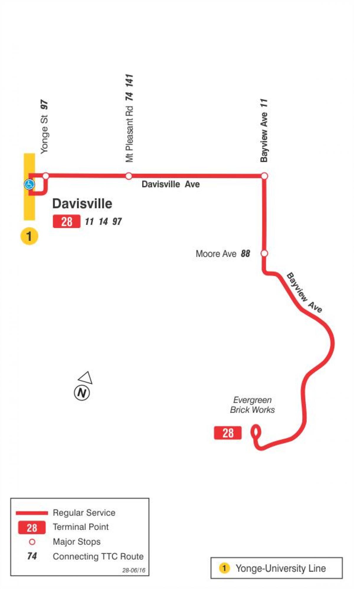 Mapa TTC 28 Bayview Jižní autobusové trase Toronto
