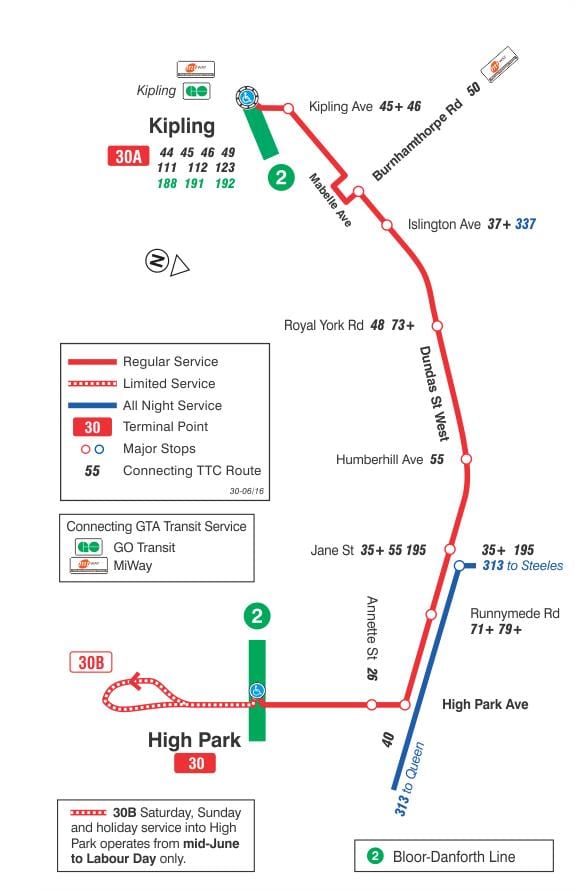 Mapa TTC 30 Lambton autobusová linka Toronto