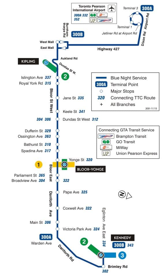 Mapa TTC 300A Bloor-Danforth autobusová linka Toronto