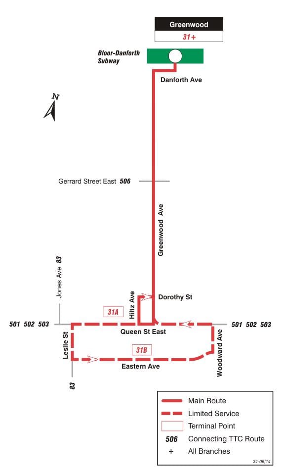 Mapa TTC 31 Greenwood autobusová linka Toronto