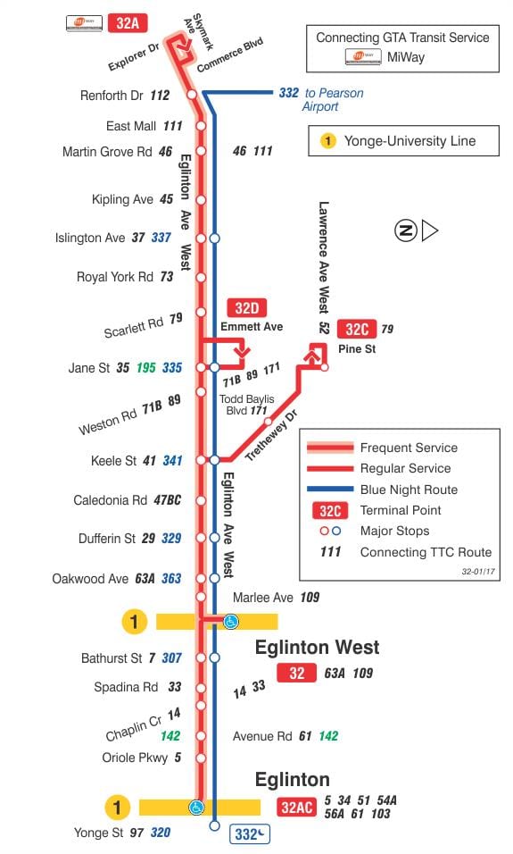 Mapa TTC 32 Eglinton West bus trasu Toronto