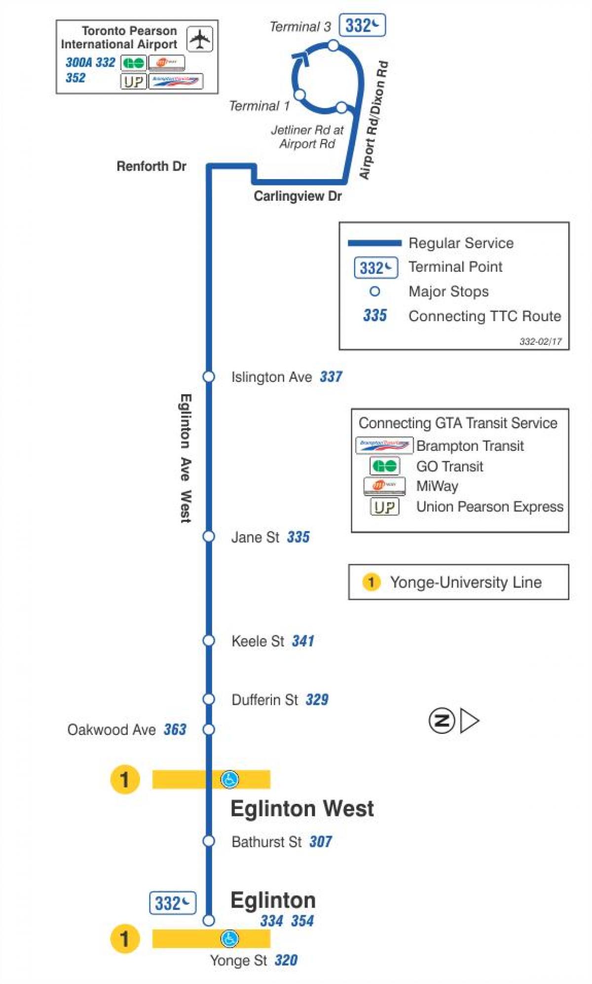Mapa TTC 332 Eglinton West bus trasu Toronto
