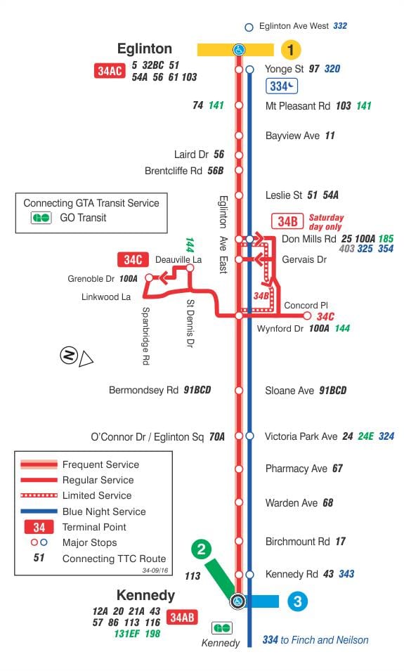 Mapa TTC 34 Eglinton East autobusová linka Toronto