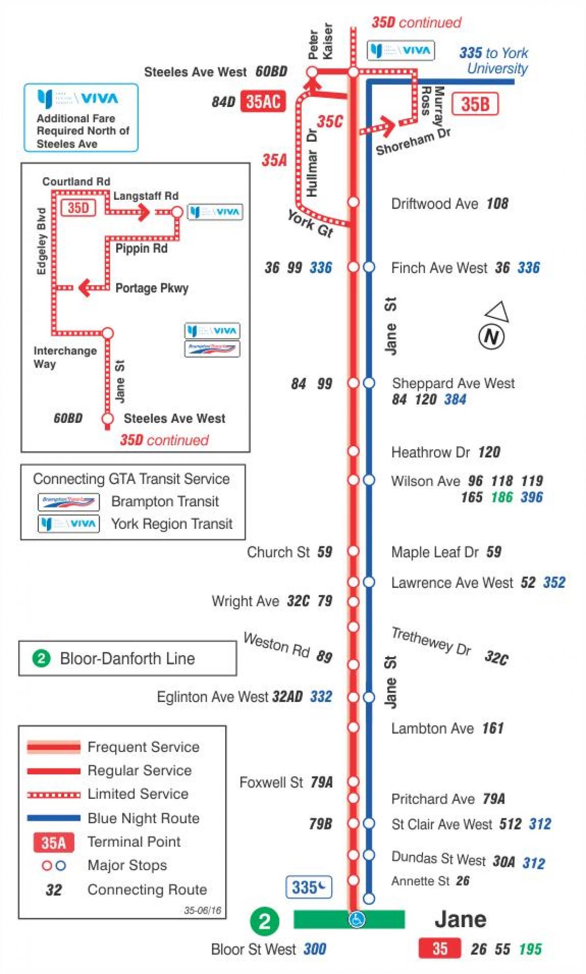 Mapa TTC 35 Jane autobusová linka Toronto