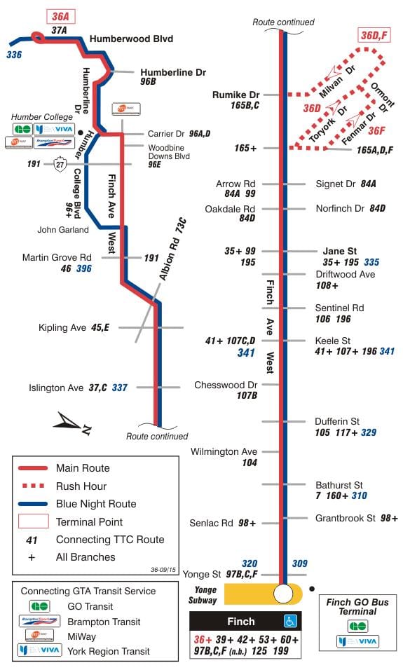 Mapa TTC 36 Finch West bus trasu Toronto