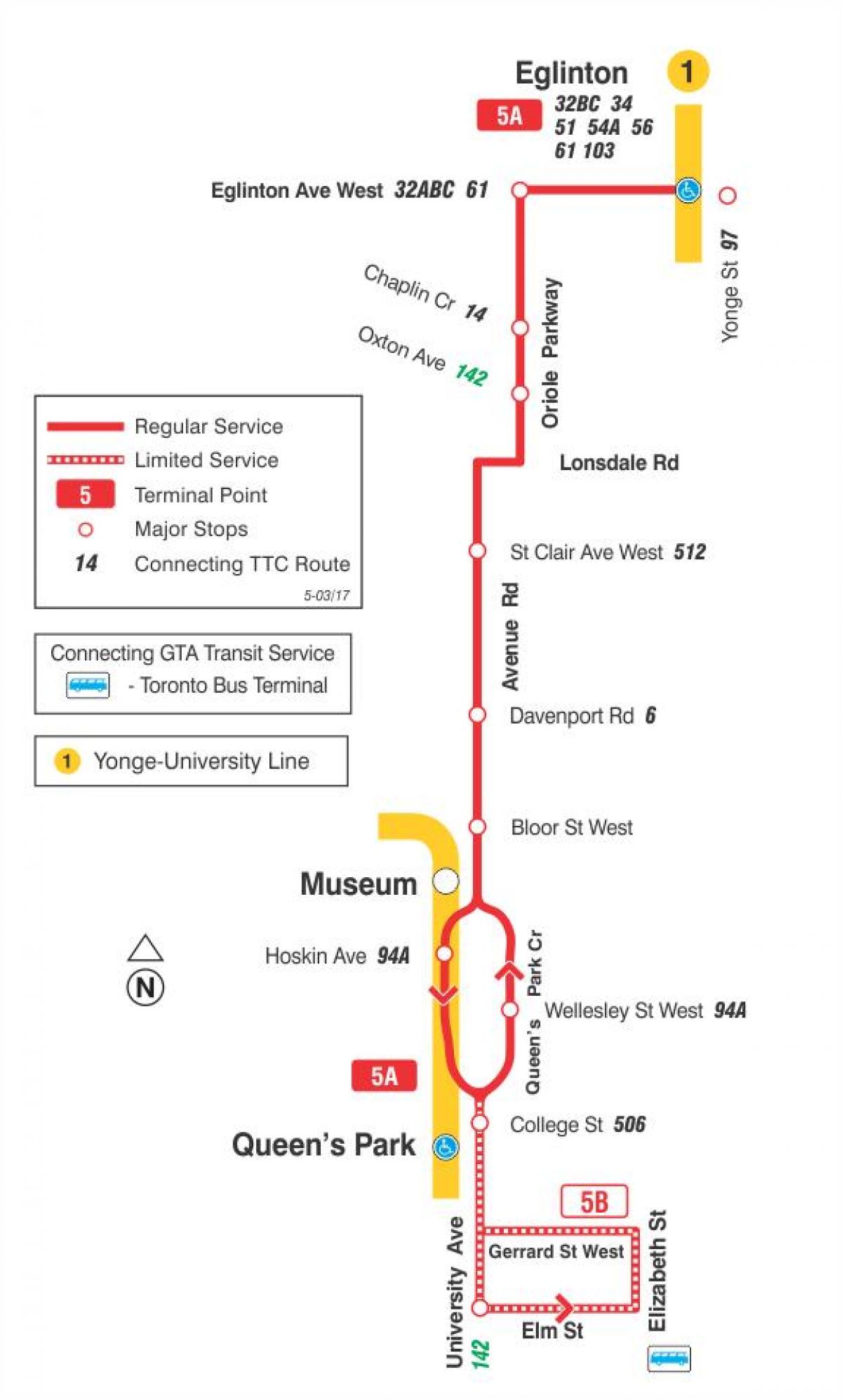 Mapa TTC 5 Avenue Rd autobusová linka Toronto