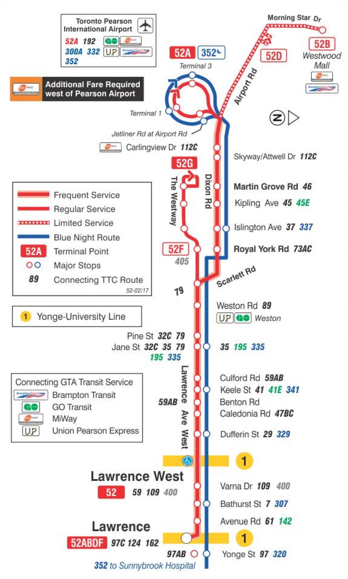 Mapa TTC 52 Lawrence West bus trasu Toronto