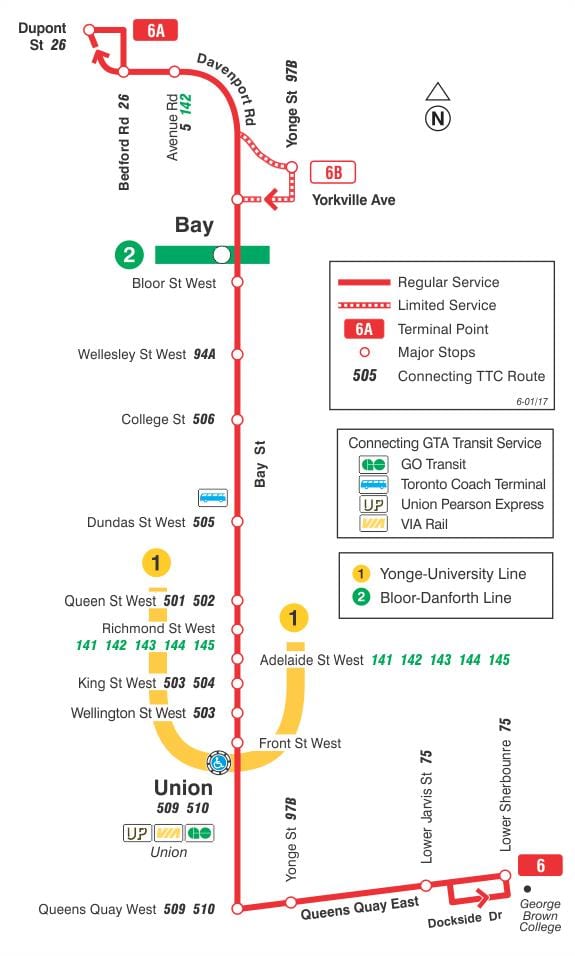 Mapa TTC 6 Bay autobusová linka Toronto