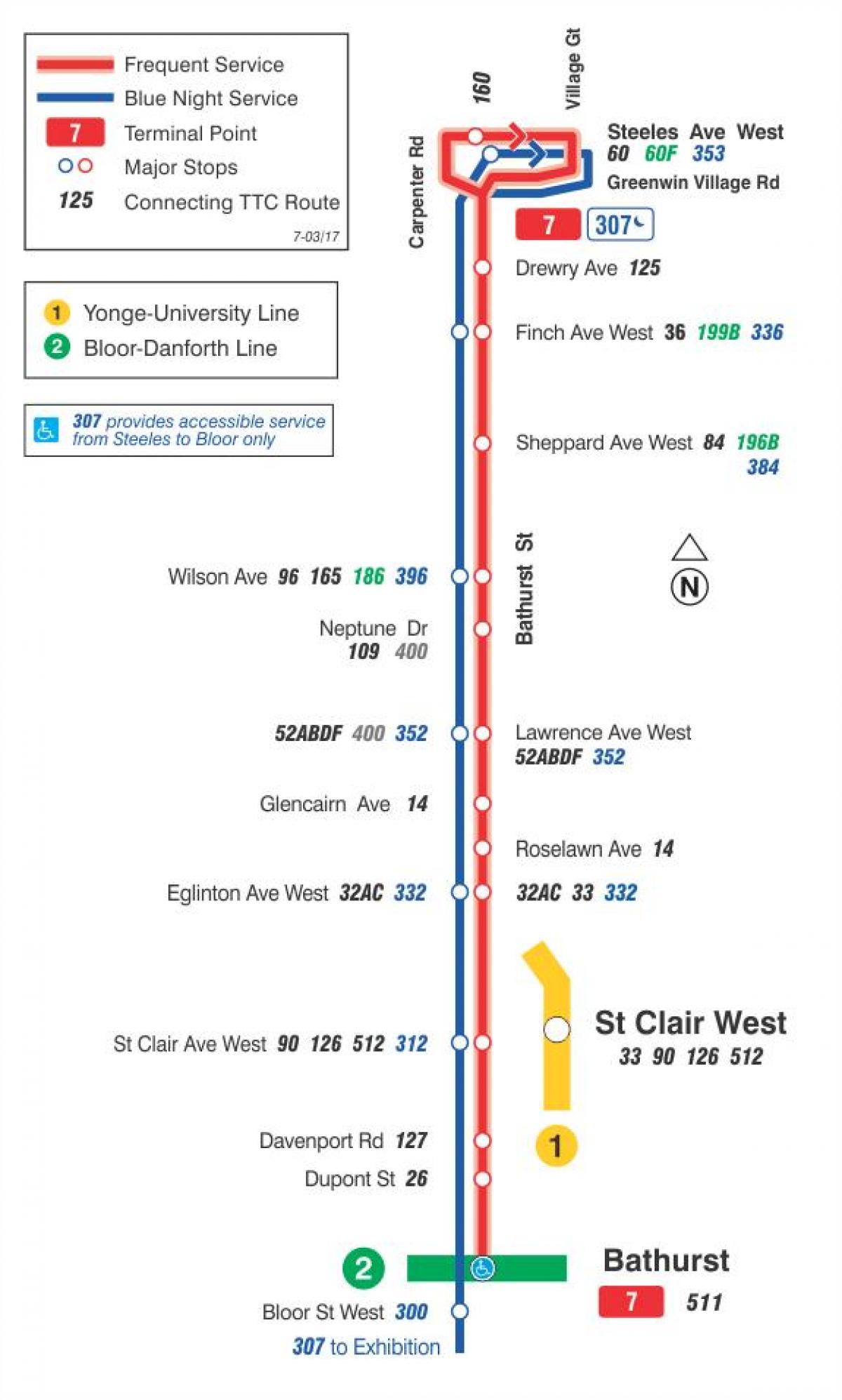 Mapa TTC 7 Bathurst autobusová linka Toronto