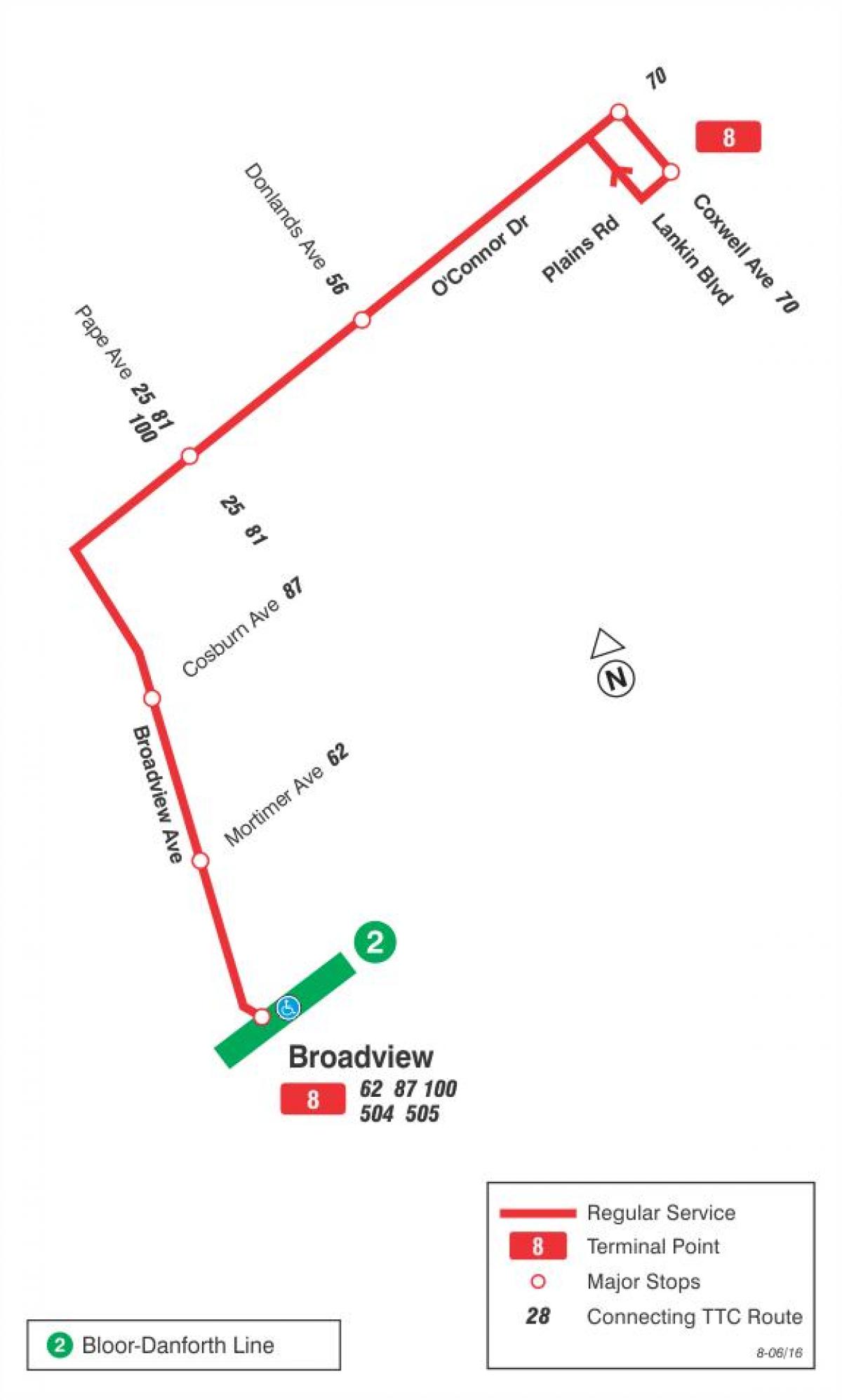 Mapa TTC 8 Broadview autobusová linka Toronto