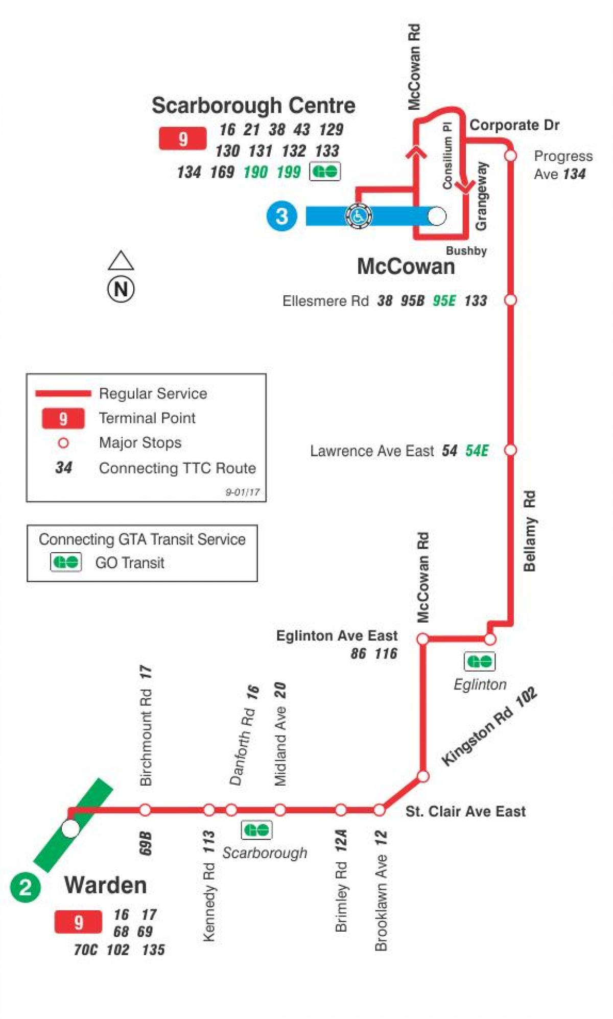Mapa TTC 9 Bellamy autobusová linka Toronto