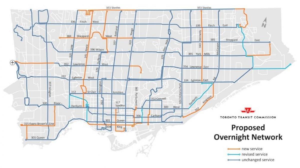 Mapa TTC přes noc sítě Toronta
