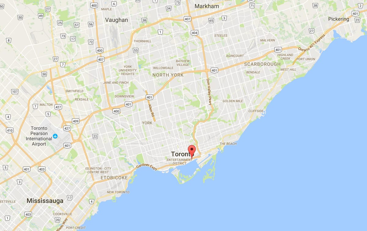 Mapa Východní Bayfront district Toronto