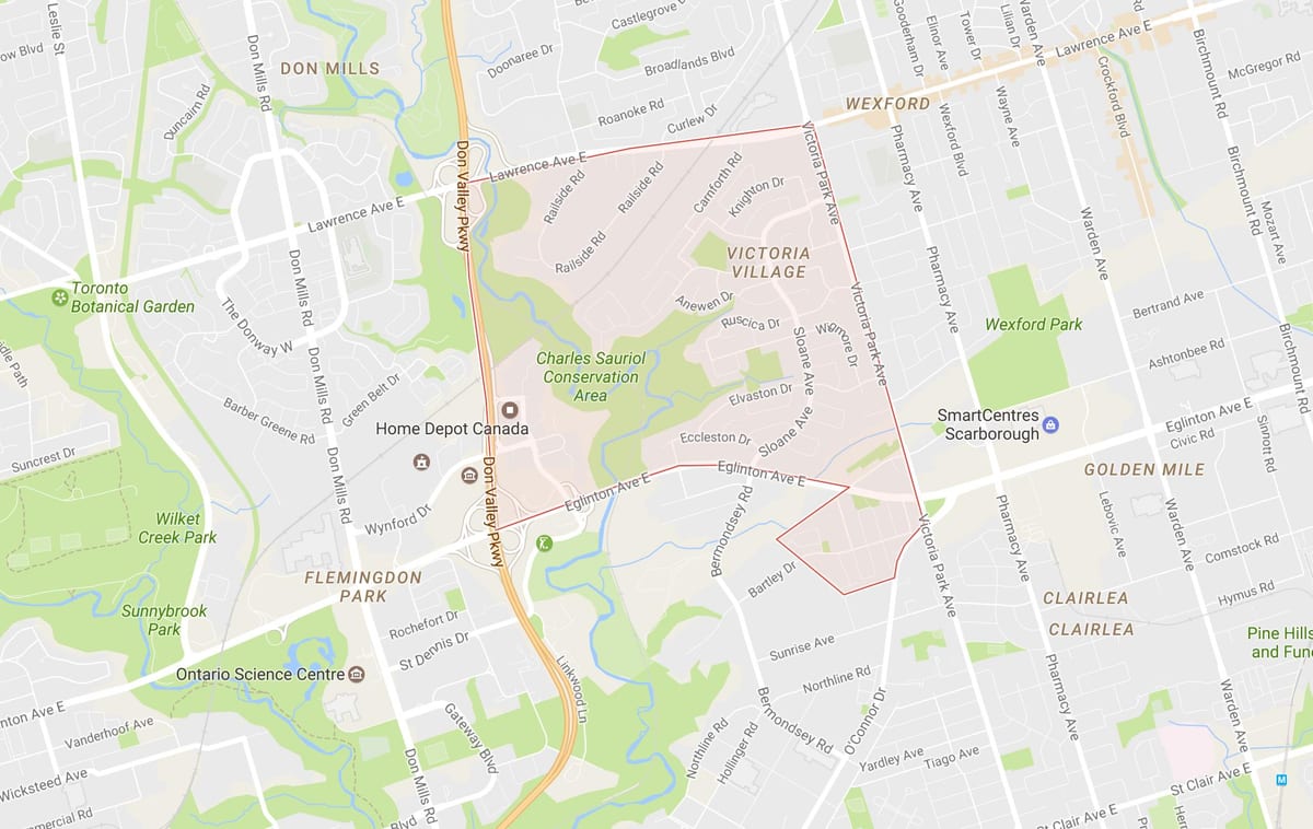 Mapa Victoria Village sousedství Toronta