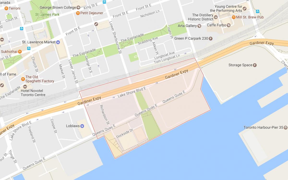 Mapa Východní Bayfront sousedství Toronta