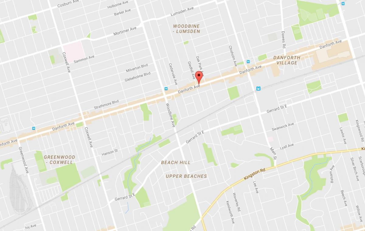 Mapa Východní Danforth sousedství Toronta