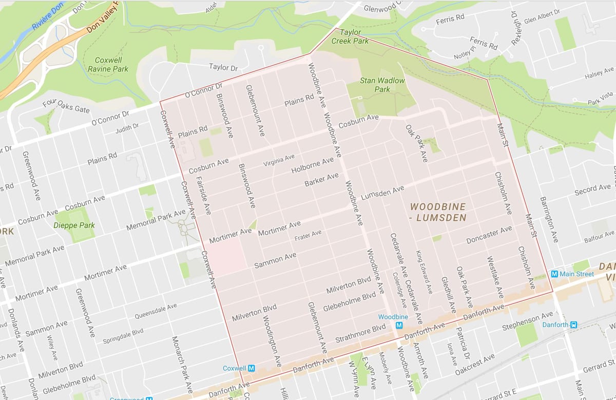 Mapa Woodbine Výšek sousedství Toronta