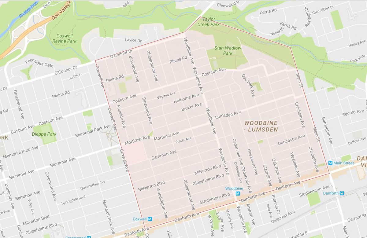 Mapa Woodbine Výšek sousedství Toronta