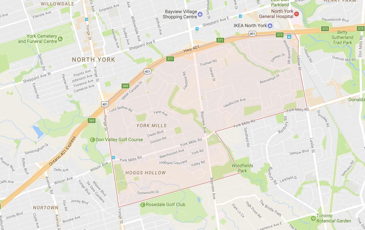 Mapa York Mills sousedství Toronta