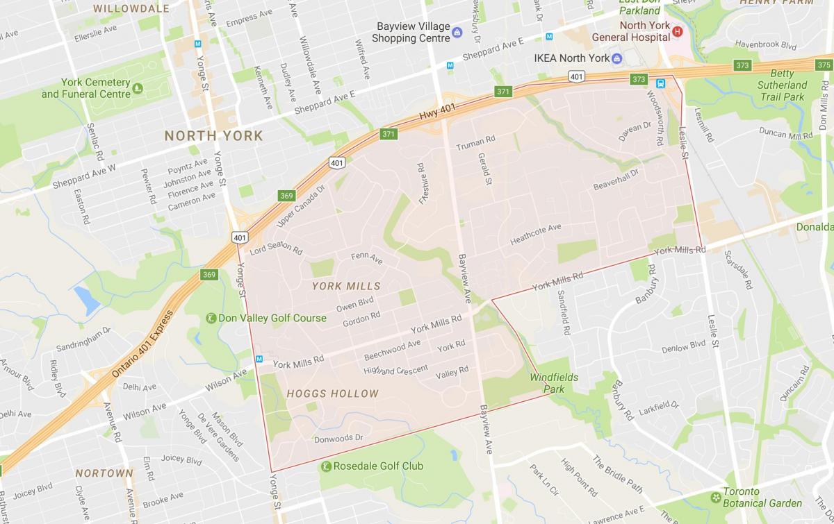 Mapa York Mills sousedství Toronta