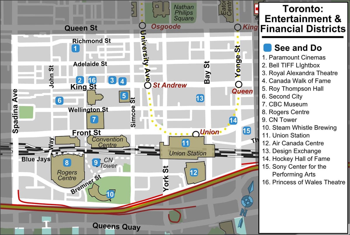 Mapa Zábavní a finanční čtvrti, Toronto