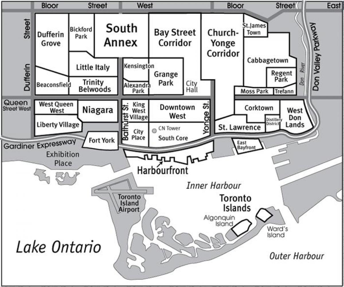Mapa Okolí Jižně Core Toronto