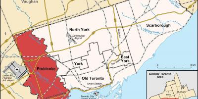 Mapa čtvrti Etobicoke Toronto