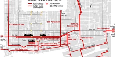 Mapa Nábřeží East enhanced network v Toronto