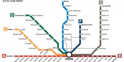 Mapa Toronto vlaky jezdí Tranzit