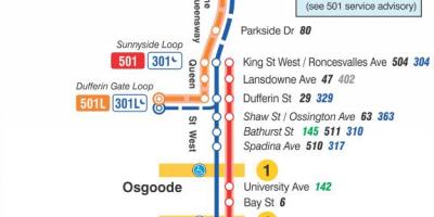 Mapa tramvajová linka 501 Queen