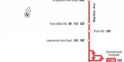 Mapa TTC 11 Bayview autobusová linka Toronto