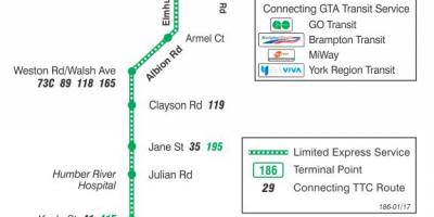 Mapa TTC 186 Wilson Raketa autobusová linka Toronto