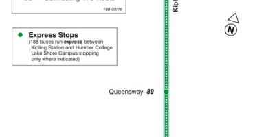 Mapa TTC 188 Kipling Jižní Raketa autobusová linka Toronto
