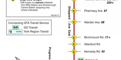 Mapa TTC 190 Scarborough Centre Raketa autobusová linka Toronto