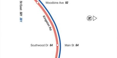 Mapa TTC 22 Coxwell autobusová linka Toronto