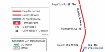 Mapa TTC 30 Lambton autobusová linka Toronto